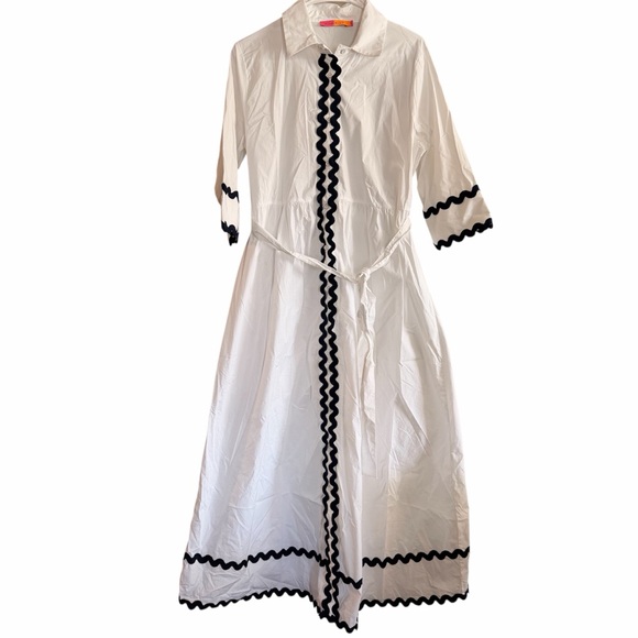 Vilagallo Natalia White Poplin Ricrac Trim Belted Button Down Shirt Dress 44 - Picture 4 of 8